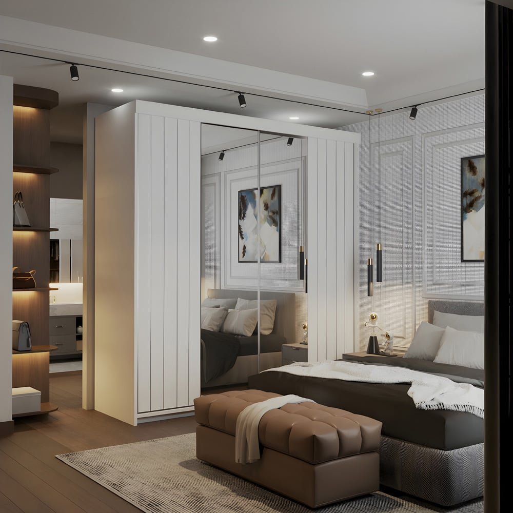 White 2-door mirrored sliding wardrobe in a modern bedroom.