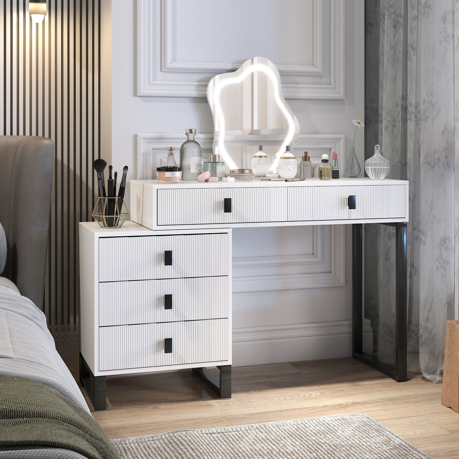 homcom dressing table vanity desk with leaf shape mirror makeup table with 5 drawers 3 colour led lights 100x40cm tabletop white
