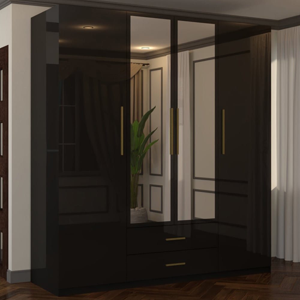 Black high gloss 4-door wardrobe with mirrored panels and gold handles.
