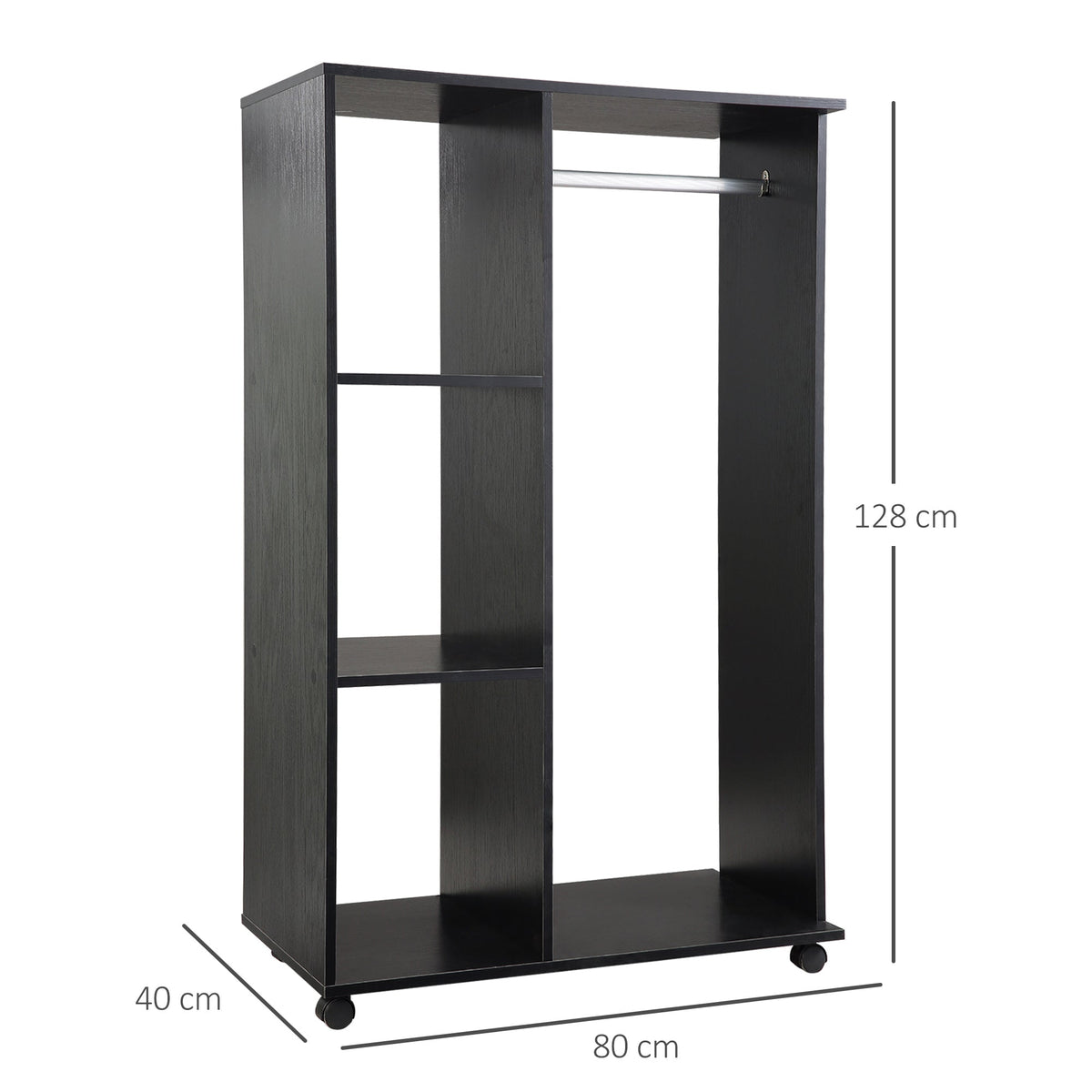homcom open wardrobe on wheels bedroom wardrobe with clothes hanging rail 3 storage shelves mobile garment rack for cloakroom hallway black