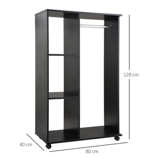 homcom open wardrobe on wheels bedroom wardrobe with clothes hanging rail 3 storage shelves mobile garment rack for cloakroom hallway black