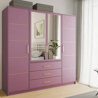 Plum 4 door wardrobe with two mirrored centre doors and gold handles.