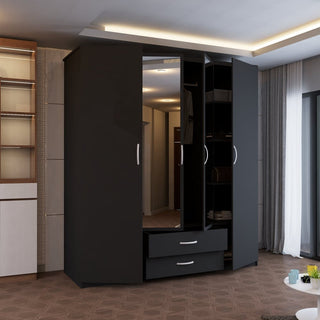 CHOICEWARDROBE London Black Finish – 4-Door Hinged Wardrobe With Mirrored Doors And Two Drawers