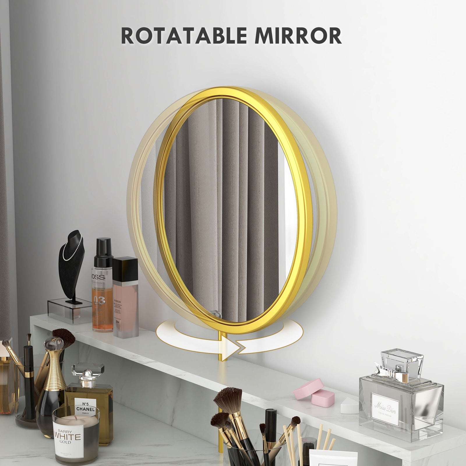 homcom modern dressing table with round mirror vanity makeup desk with open storage faux marble texture and steel frame for bedroom white