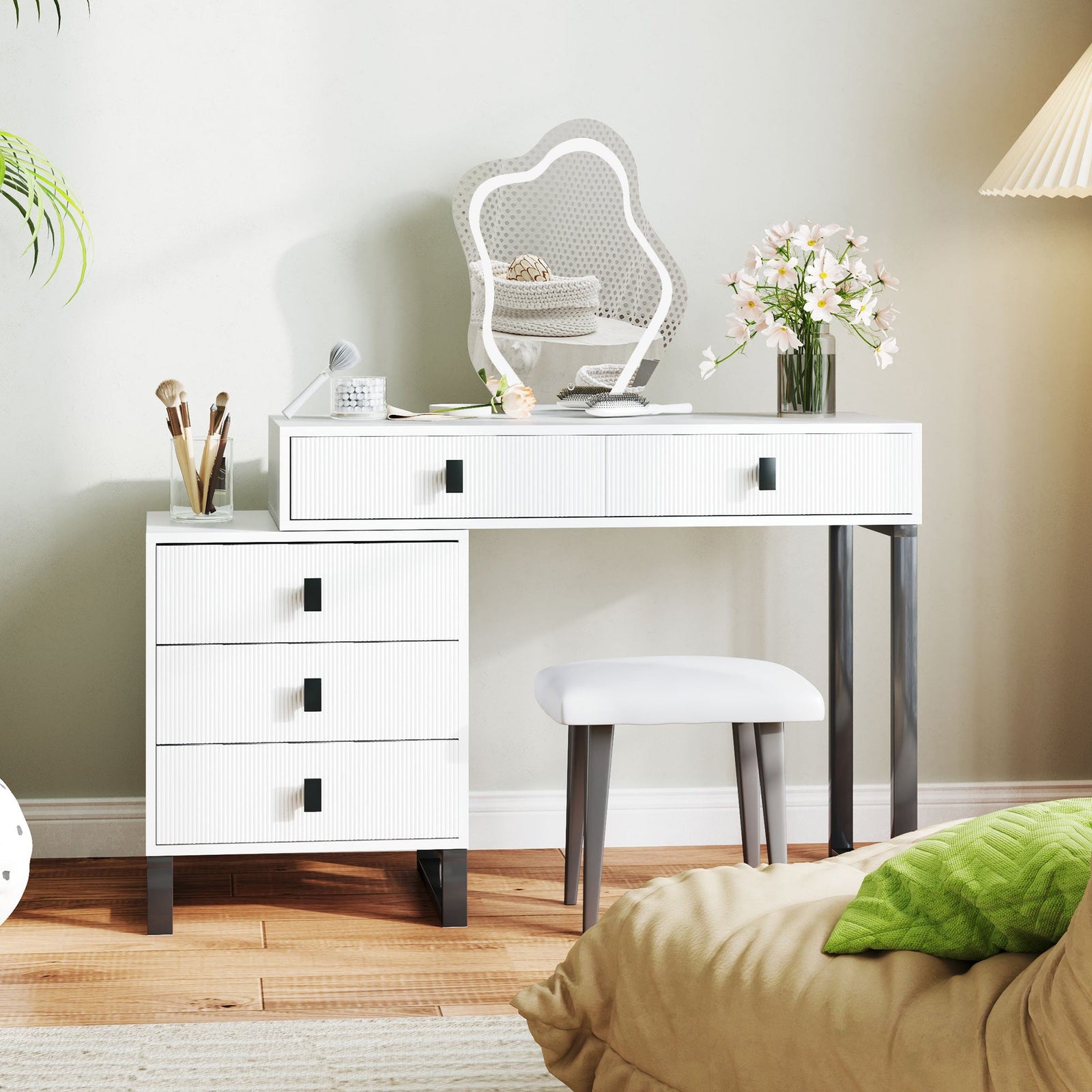 homcom dressing table vanity desk with leaf shape mirror makeup table with 5 drawers 3 colour led lights 100x40cm tabletop white