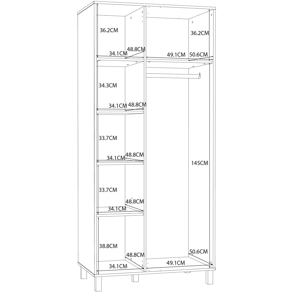 Florence Grafton 2 Door Cream & Oak Wardrobe line drawing with internal dimensions.
