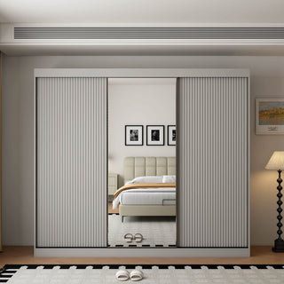 CHOICEWARDROBE Berlin 250cm light grey 3 door sliding wardrobe with fluted panels and central mirror door.