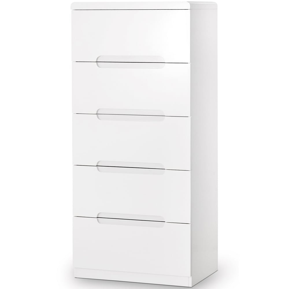 Manhattan 5 drawer white high gloss narrow chest of drawers with integrated recessed handles
