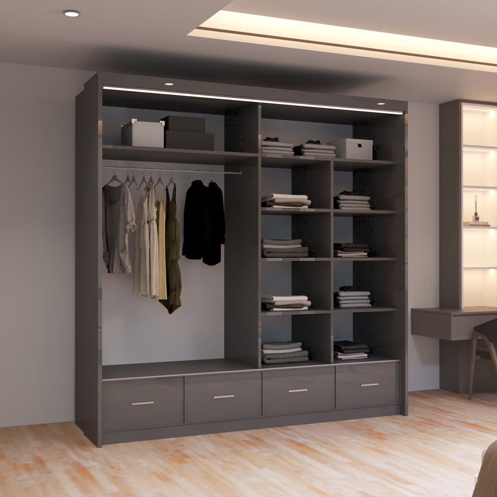 Grey high gloss wardrobe with hanging rail, shelves, and four drawers.
