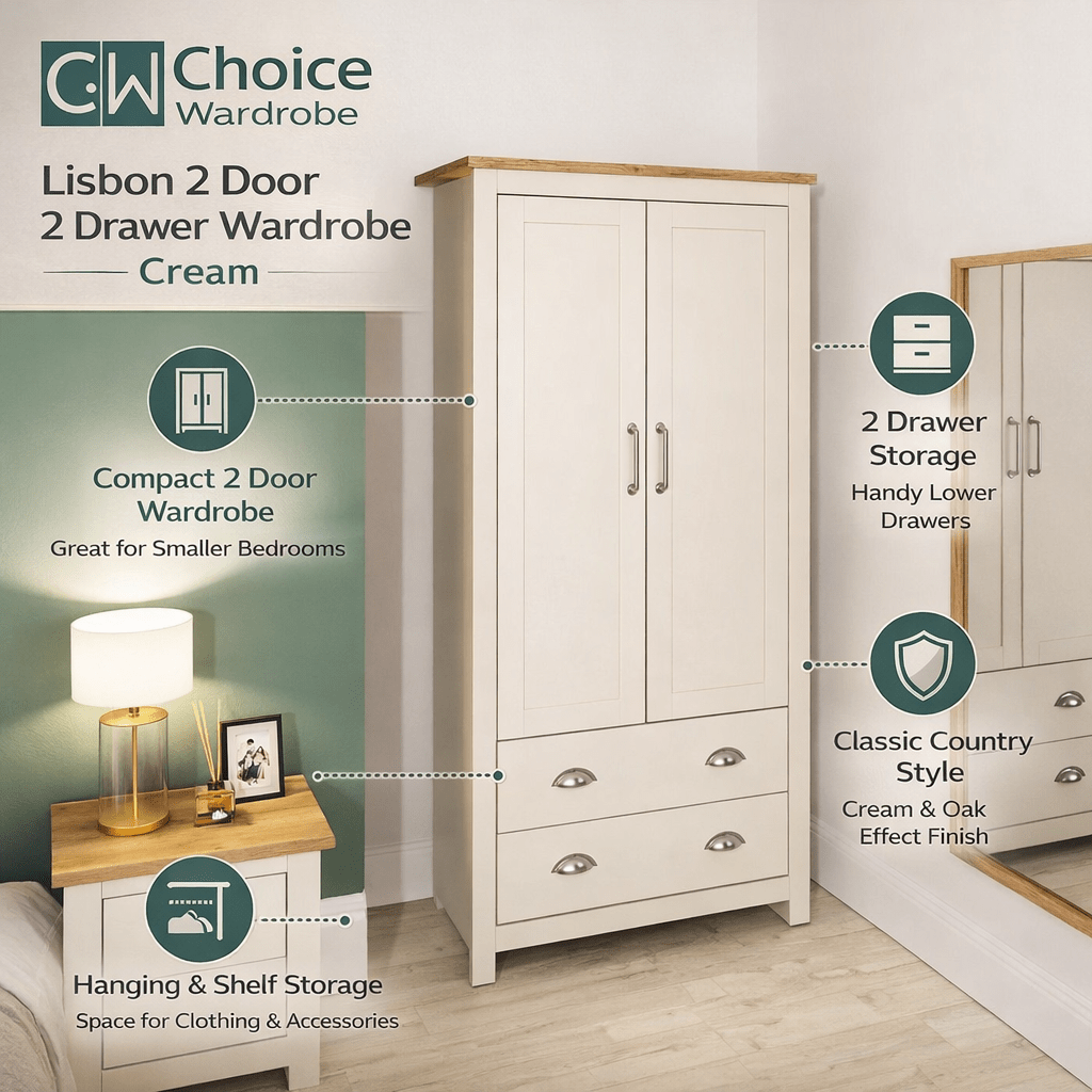 Cream 2-door wardrobe with 2 drawers and oak-effect top