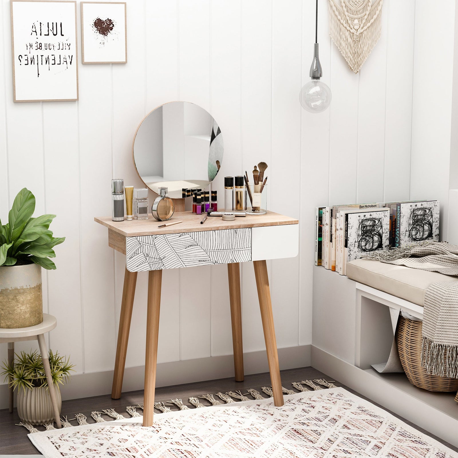 homcom dressing table with drawer and mirror height adjustable wooden oak color bedroom dressing room elegant and durable