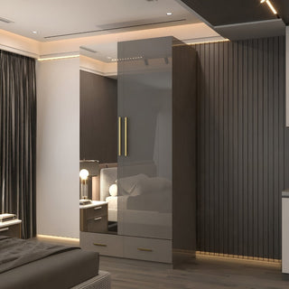 XD4 Grey High Gloss 2 Door 2 Drawer Gold Handle Mirrored Wardrobe 90cm