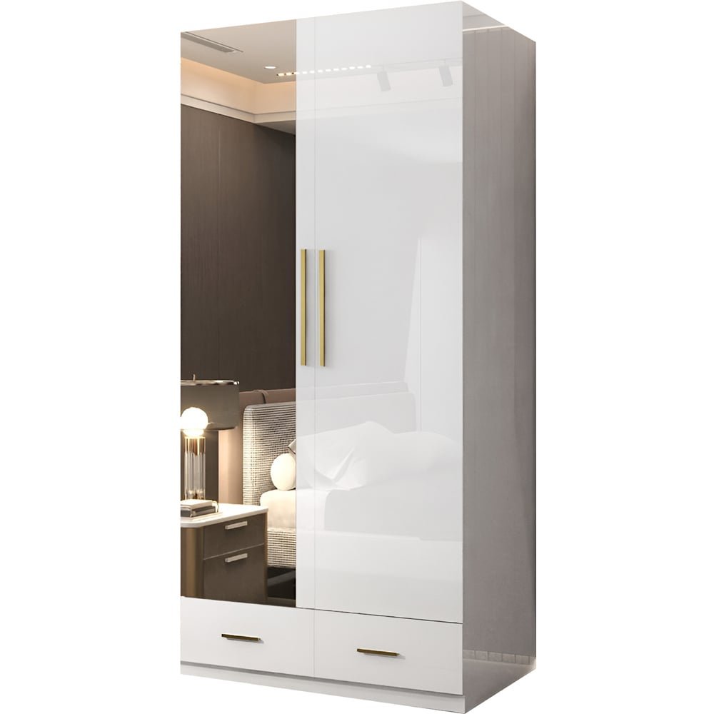 XD4 White High Gloss Wardrobe: Mirrored door, gold handles, 2 drawers.