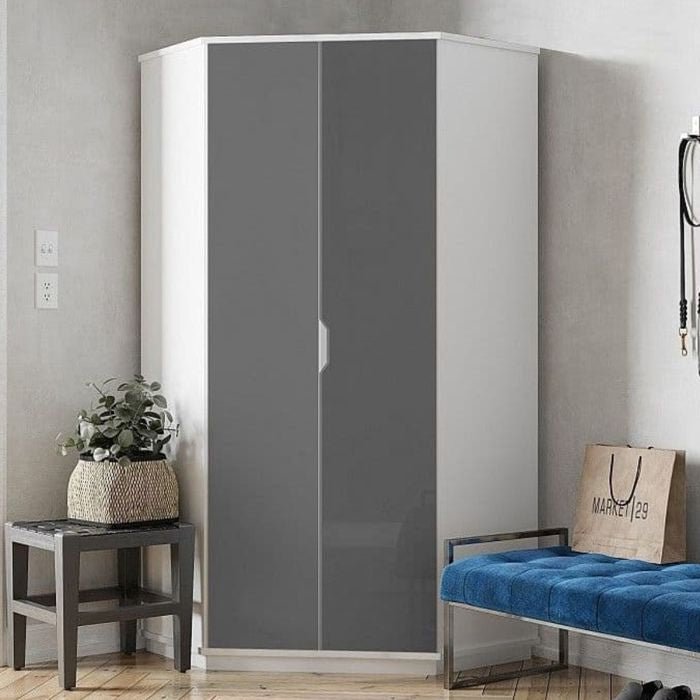 SARNIA 2 door corner wardrobe in white with grey gloss doors