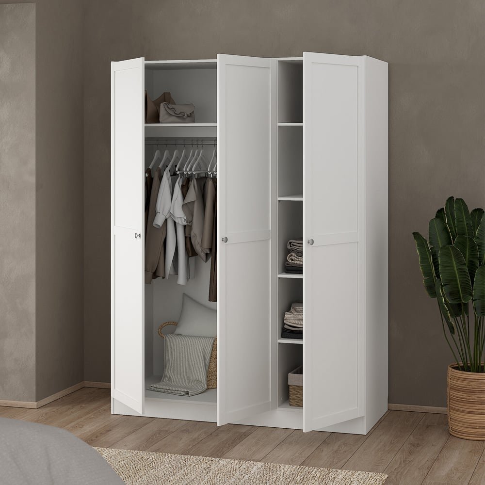 Florence Brande 3 Door White Wardrobe with open doors showing hanging space and shelves