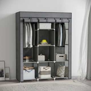 homcom fabric wardrobe with rails and shelves dark grey