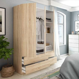 Oak effect HARVEY 3 door 4 drawer wardrobe open with hanging space and drawers