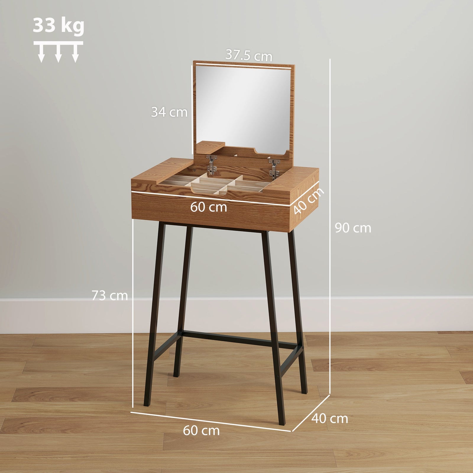 homcom vanity desk with flip up mirror industrial dressing table with 16 small compartments for bedroom natural wood effect