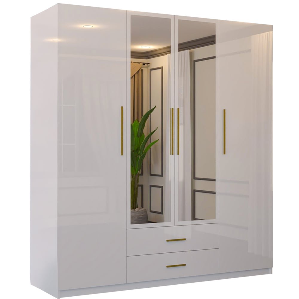 White high gloss 4 door wardrobe with 2 drawers and gold handles, featuring central mirrored doors.