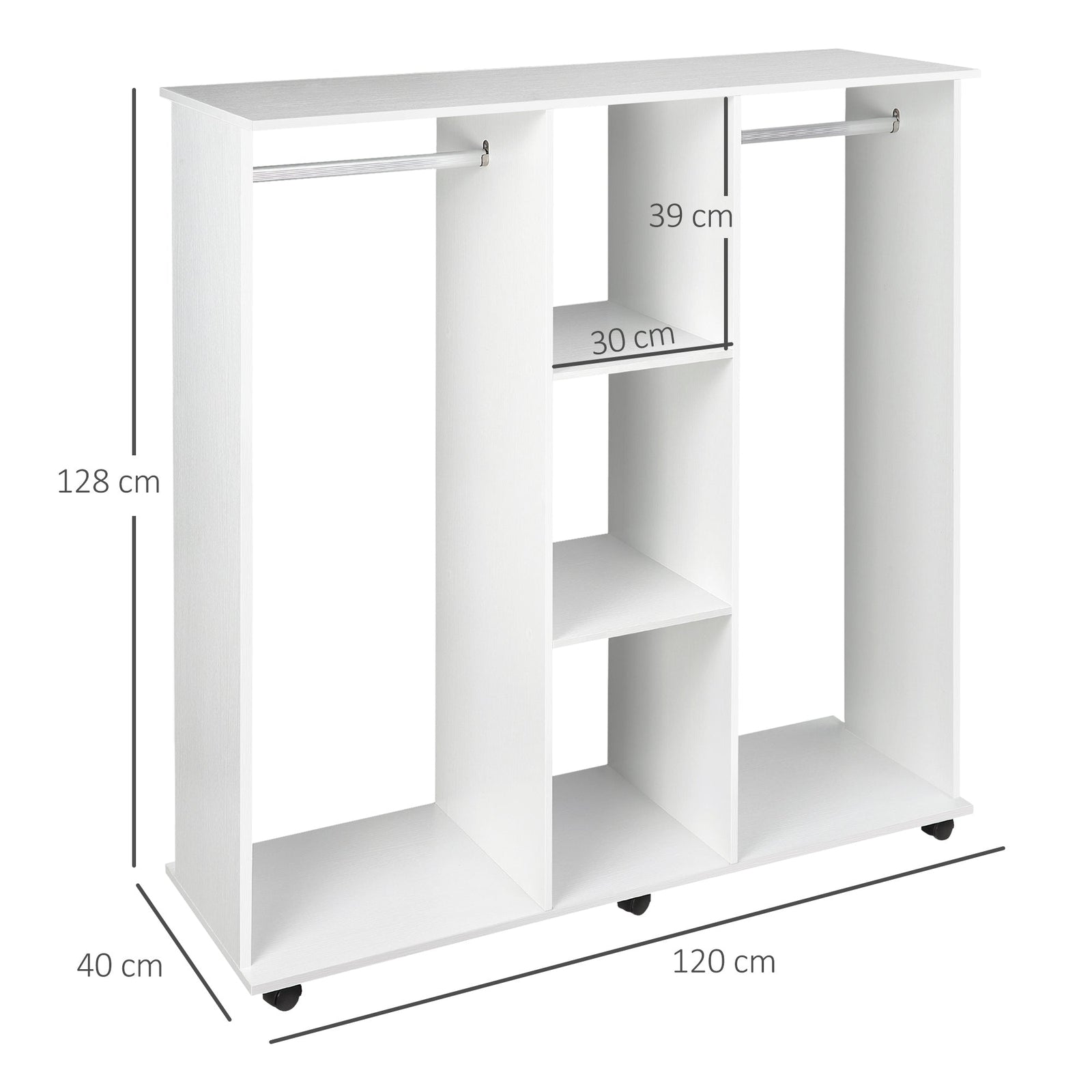 homcom open wardrobe double mobile storage shelves organizer w 6 wheels white