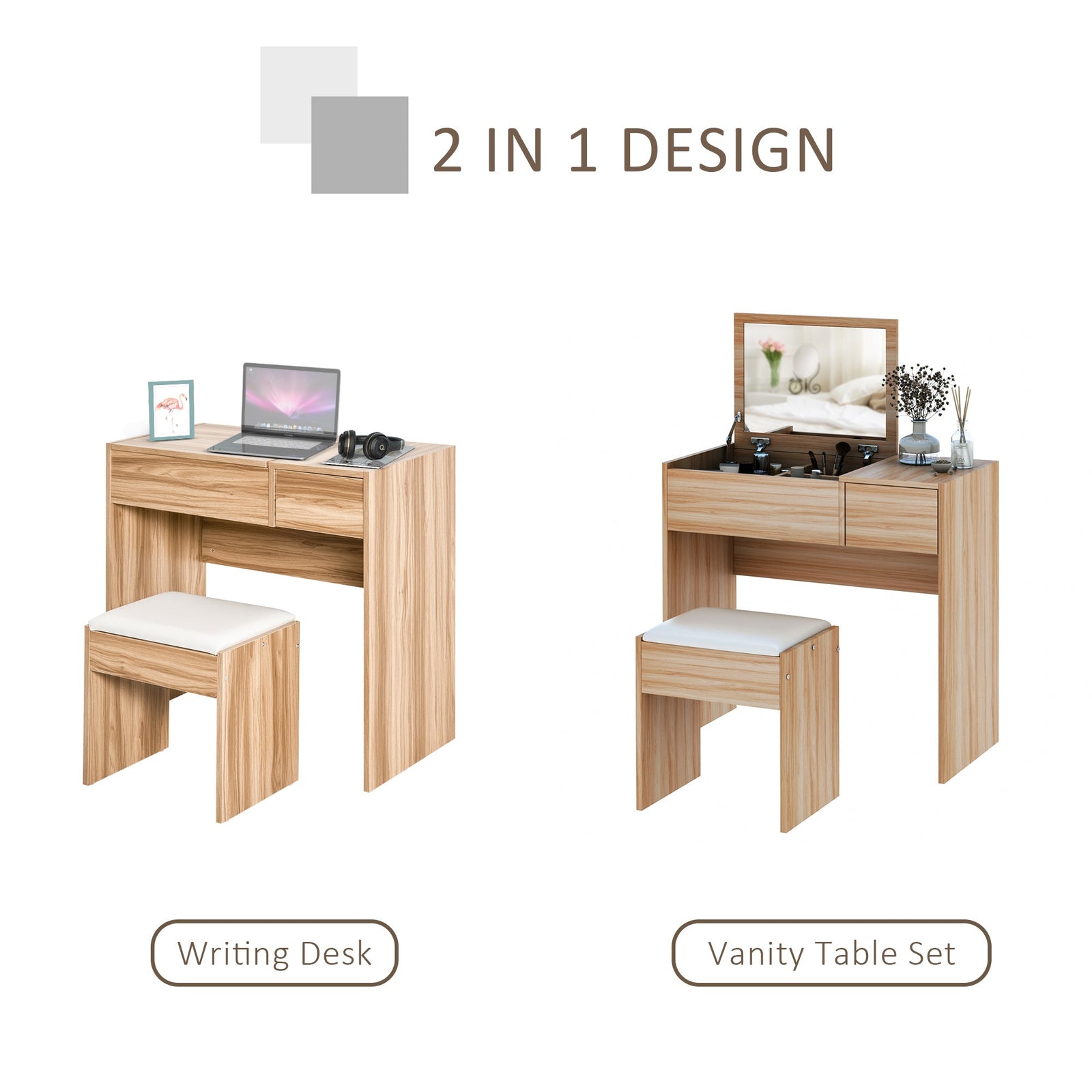 homcom dressing table with flip up mirror and cushioned stool makeup vanity desk with hidden compartments and storage drawer convertible writing table for bedroom natural