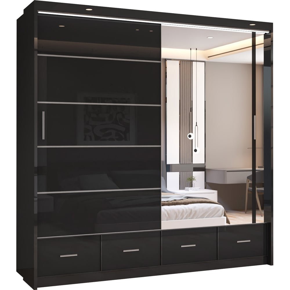 2-door sliding wardrobe, black high gloss with mirrored panel and 3 lower drawers