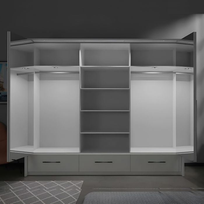 LINDSEY 4 door white mirrored wardrobe with LED, central shelves, hanging space and drawers.