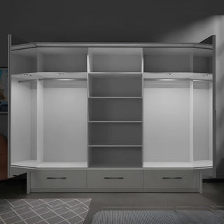 LINDSEY 4 door white mirrored wardrobe with LED, central shelves, hanging space and drawers.