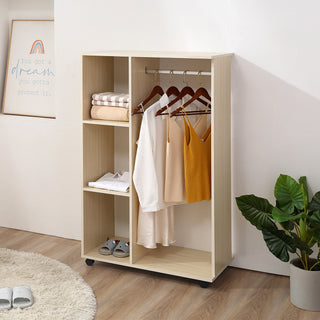 homcom open wardrobe on wheels bedroom wardrobe with clothes hanging rail 3 storage shelves mobile garment rack for cloakroom hallway maple wood effect