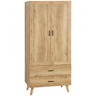homcom 2 door wardrobe modern wardrobe with 2 drawer and hanging rail for bedroom natural
