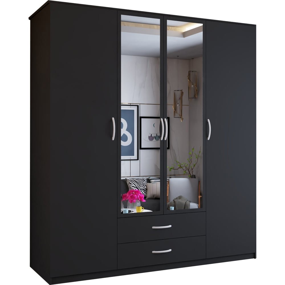 Black 4-door hinged wardrobe with two central mirrored doors and two bottom drawers.