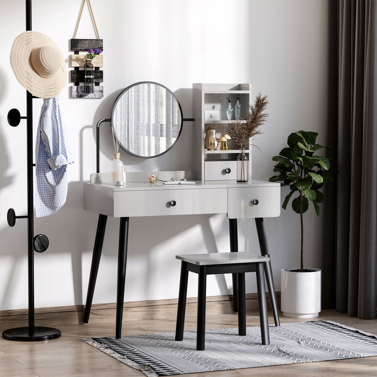 homcom dressing table set with mirror and stool vanity makeup table with 3 drawers and open shelves for bedroom living room grey