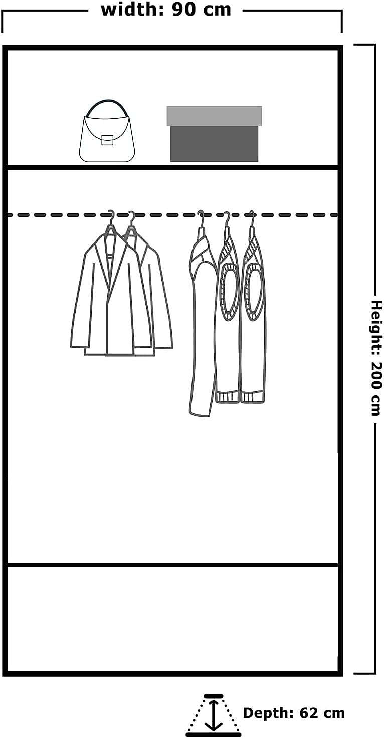 Line drawing of CHOICEWARDROBE CHICAGO II 90cm wardrobe, showing internal layout with shelves, rail, and clothes.