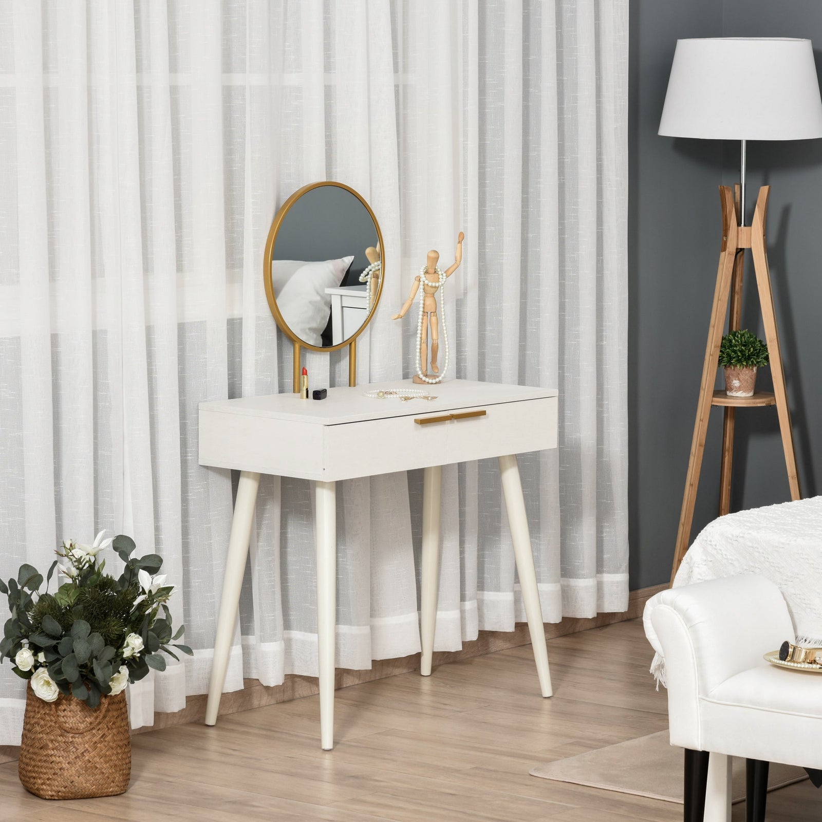 homcom elegant dressing table with round mirror 80 x 40 x 123 cm white