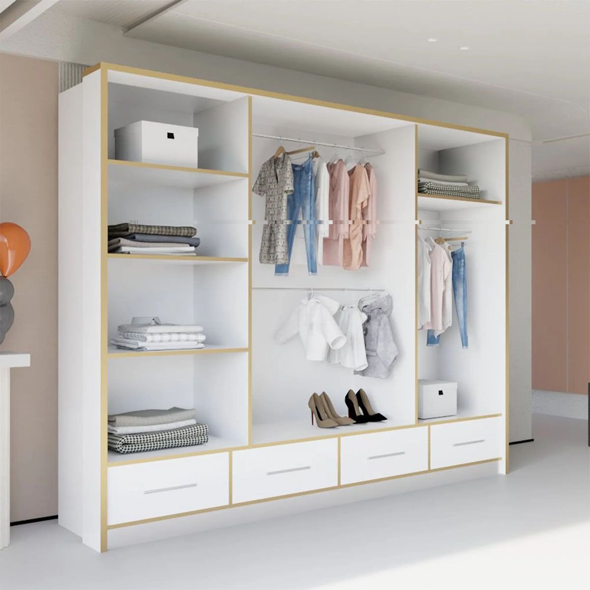 White gloss 3-door sliding wardrobe with gold trim and mirrored panel, showing shelves, drawers and hanging rails.
