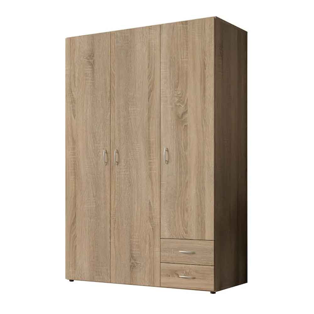 Oak Sonoma 3-door, 2-drawer wooden wardrobe with silver handles