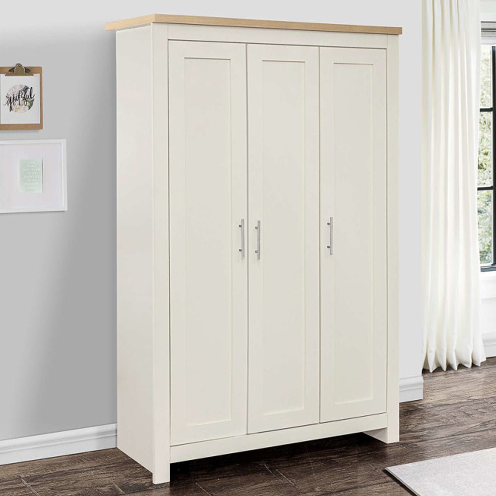 Cream 3-door wooden wardrobe with light oak-effect top