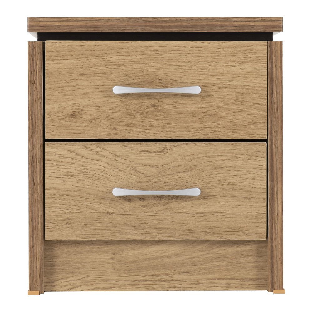 Crieff Oak and Walnut Wooden Bedside Cabinet with 2 Drawers and Silver Handles