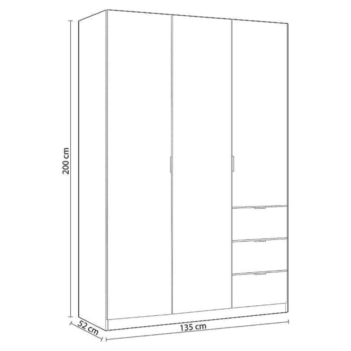 Line drawing of HARVEY 3 door white wardrobe with 3 drawers. 135cm wide, 200cm high, 52cm deep.