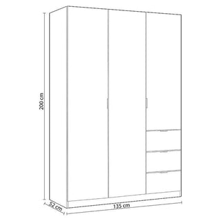 Wardrobe - HARVEY 3 Door Wardrobe White 135cm