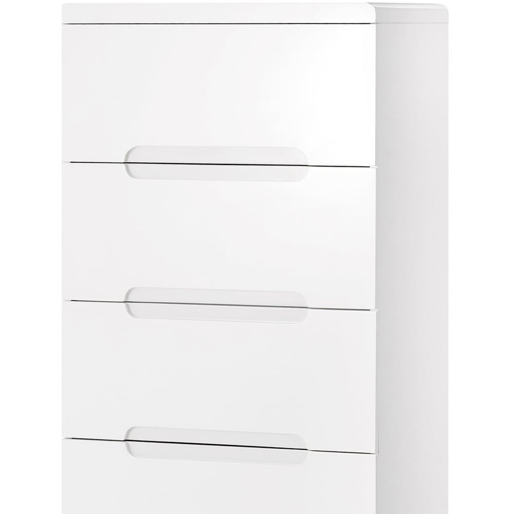White gloss chest of drawers with four visible drawers and integrated recessed horizontal handles.