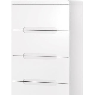 White gloss chest of drawers with four visible drawers and integrated recessed horizontal handles.