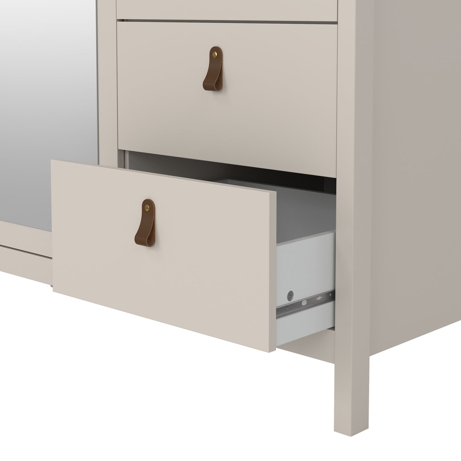 Beige wardrobe with two visible drawers and leather handles