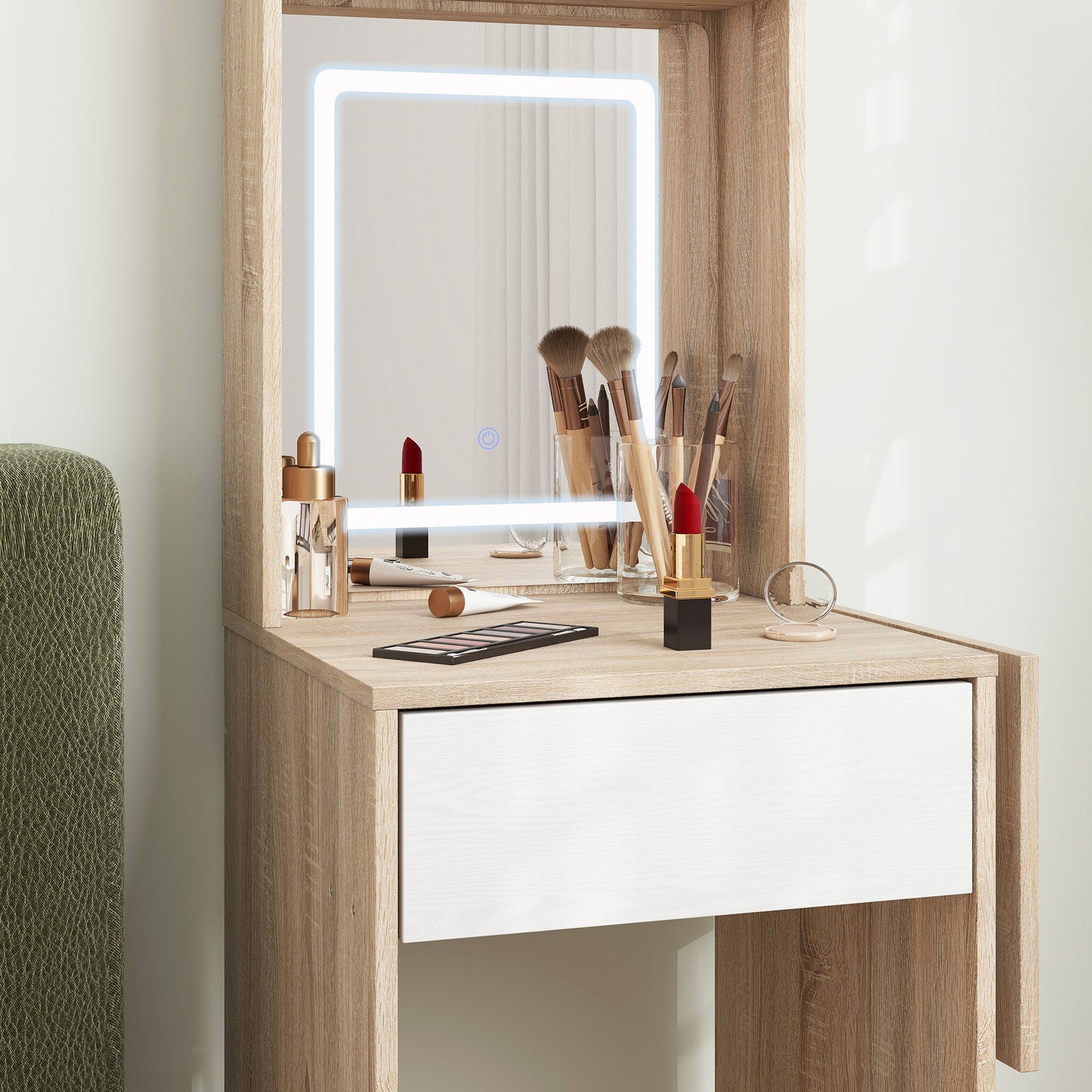 homcom small vanity desk with mirror and led lights compact dressing table with drop leaf open shelves natural wood