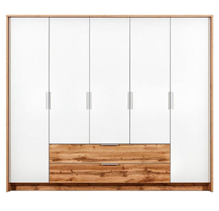 MARVELLO 5 door wardrobe with 2 drawers in Oak Wotan and white, featuring silver handles