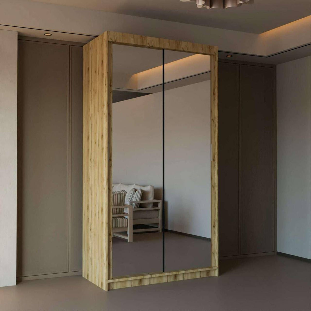 90cm Oak finish sliding door wardrobe with mirrored doors