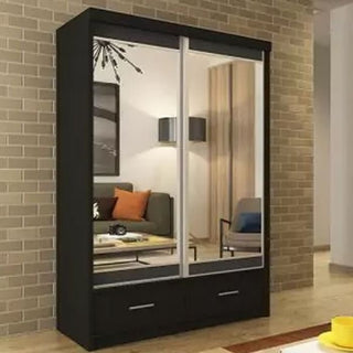 CHOICEWARDROBE Newry 150cm Sliding Door Wardrobe – Black Finish, 2 Door, Mirrored Sliding Doors