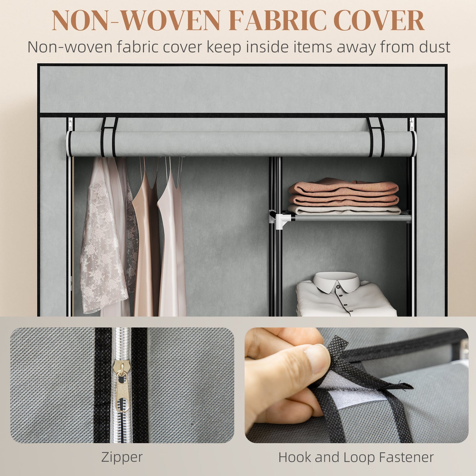homcom fabric wardrobe portable wardrobe with 6 shelves 1 hanging rail foldable closets 103 x 43 x 162 5 cm light grey