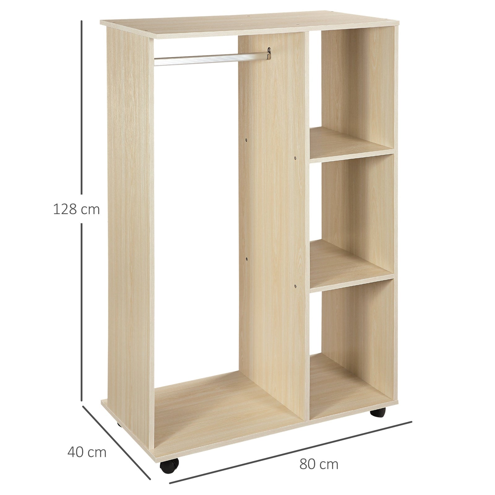 homcom open wardrobe on wheels bedroom wardrobe with clothes hanging rail 3 storage shelves mobile garment rack for cloakroom hallway maple wood effect