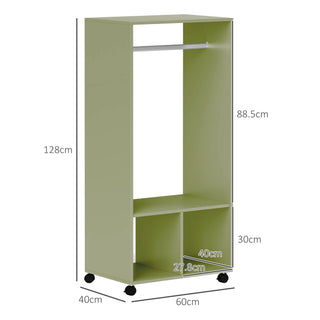 homcom open wardrobe on wheels bedroom wardrobe with clothes hanging rail 2 storage shelves mobile garment rack for cloakroom hallway green